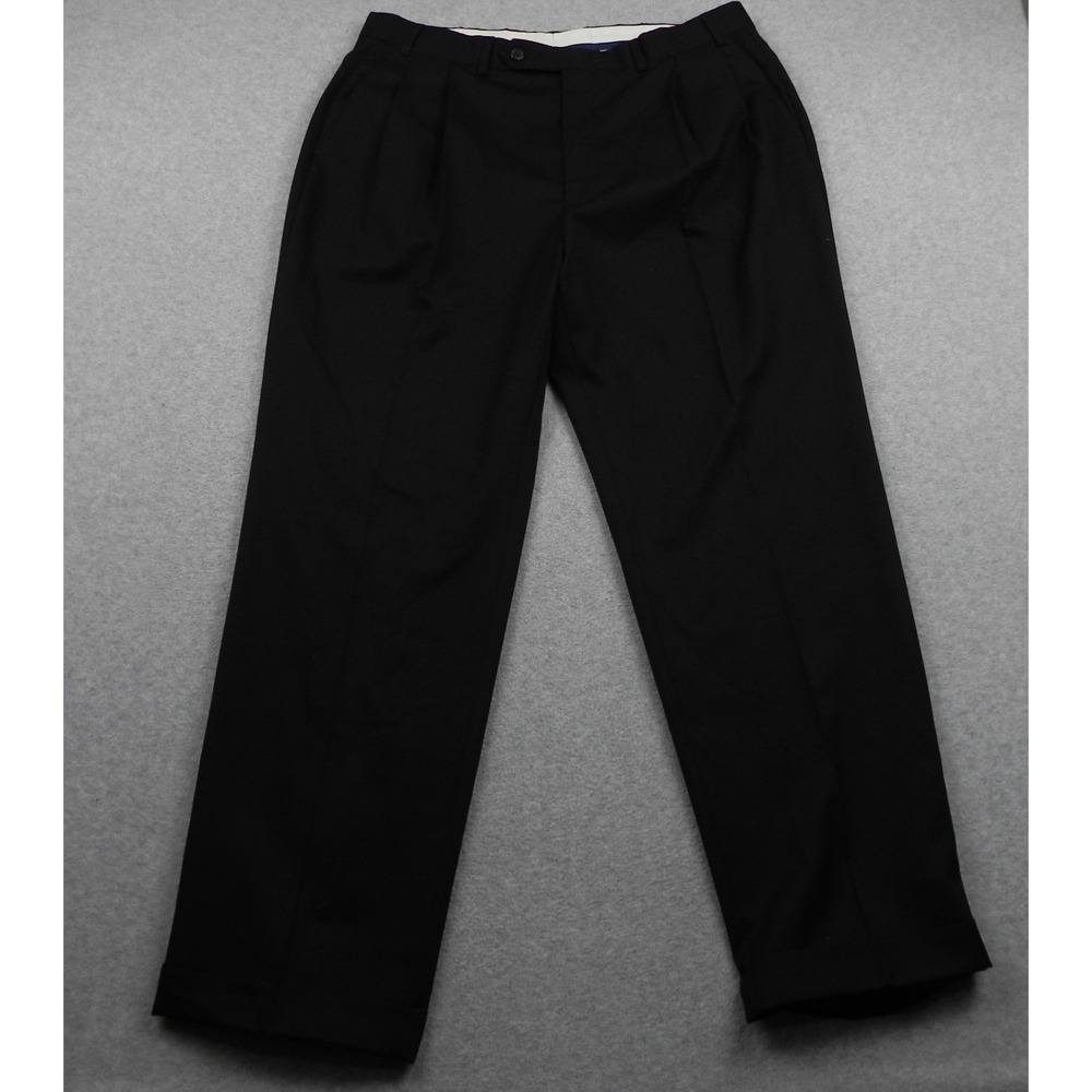 Nautica Dress Pants Mens 38x32 Regular Pleated Black 100% Wool Cuffed Trousers